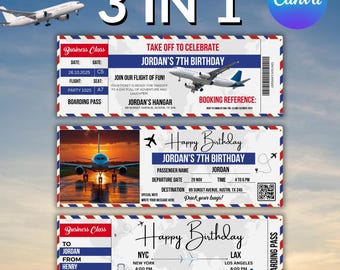 3 IN 1 Plane Birthday Ticket Invitation, Boarding Pass Invite, Plane Birthday Invitation, Airplane Ticket, Ticket Invite, Editable in Canva