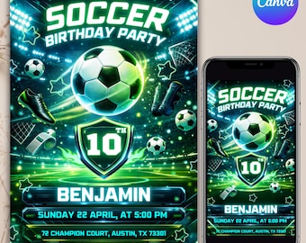 Soccer Birthday Party Invitation, Customizable Goal-Themed Sports Invite, Football Birthday Invite, Soccer GOAT invite, Digital Download