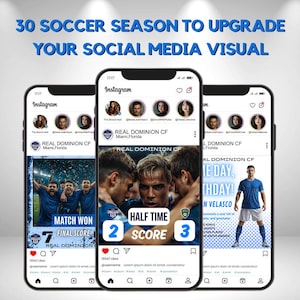 30 Soccer Social Media Templates, Game Day, Player Stats, Match Schedules & More, Boys Soccer Templates, 3 Sizes Included, Editable in Canva