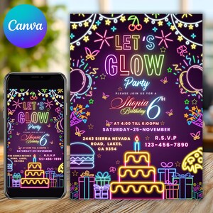 Glow Crazy Birthday Invitation, Neon Glow Party Invite, Let’s Glow Birthday Template, Kids Glow Party, Digital Printable, Canva Editable