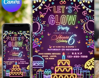 Glow Crazy Birthday Invitation, Neon Glow Party Invite, Let’s Glow Birthday Template, Kids Glow Party, Digital Printable, Canva Editable