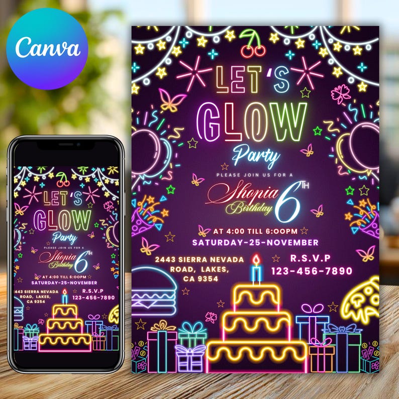 Glow Crazy Birthday Invitation, Neon Glow Party Invite, Let’s Glow Birthday Template, Kids Glow Party, Digital Printable, Canva Editable