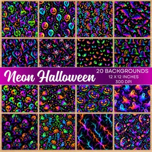May include: A collection of 20 digital backgrounds featuring neon Halloween patterns on black backgrounds, including potions, balloons, mummies, bats, wolves, vampires, eyes, tombstones, skulls, brooms, pumpkins, ghosts, houses, skeletons, lightning, and witches.