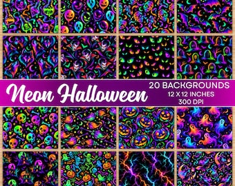 Neon Halloween Digital Paper, Halloween Digital Backgrounds, Bright Spooky Seamless Patterns, Ghost Paper, Commercial Use, Instant Download