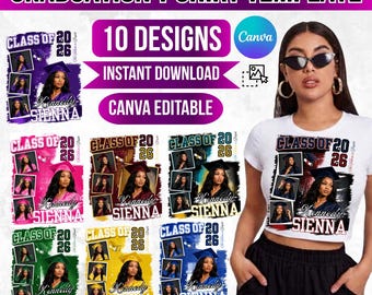 10x Graduation T Shirt Bundle 2026, Senior Class Shirt Templates, Grad PNG, Photo Collage, Bootleg Rap Tee, Canva Editable, Digital Download