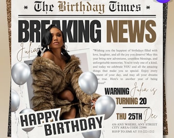 Newspaper Birthday Invitation, Birthday Newspaper Template, Birthday Program, Leopard Print Glam Party Invite, Itinerary, Canva Editable