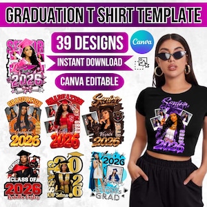 39x Graduation T Shirt Bundle 2026, Senior Class Shirt Templates, Grad PNG, Photo Collage, Bootleg Rap Tee, Canva Editable, Digital Download