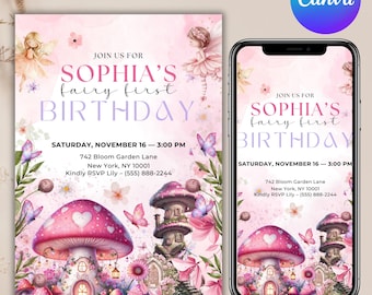 Fairy First Birthday Invitation, Spring Wildflower Fairy Garden Party, Floral 1st Birthday Girl Invite, Boho Storybook Theme, Canva Editable