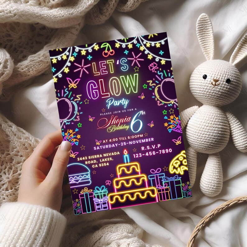 Glow Crazy Birthday Invitation, Neon Glow Party Invite, Let’s Glow Birthday Template, Kids Glow Party, Digital Printable, Canva Editable