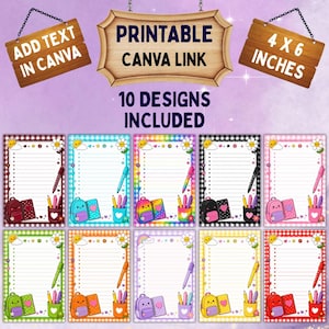 Puede incluir: Diez tarjetas de notas imprimibles de 10,16 x 15,24 cm con ilustraciones escolares que incluyen mochilas, cuadernos y bolígrafos. Las tarjetas tienen papel rayado, bordes de cuadros vichy de colores e iconos decorativos de soles y flores.
