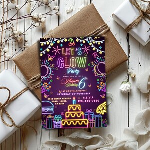 Glow Crazy Birthday Invitation, Neon Glow Party Invite, Let’s Glow Birthday Template, Kids Glow Party, Digital Printable, Canva Editable
