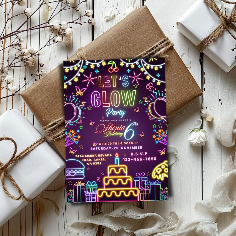 Glow Crazy Birthday Invitation, Neon Glow Party Invite, Let’s Glow Birthday Template, Kids Glow Party, Digital Printable, Canva Editable