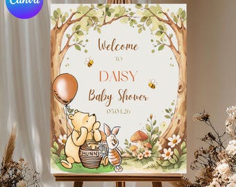 Winnie the Pooh Baby Shower Welcome Sign, Classic Pooh Baby Shower Decor, Boy Baby Shower Welcome Sign, Printable Party Sign, Canva Editable
