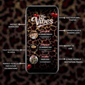 25th Cheetah Print Birthday Invitation, Animated Red Cherry Party Flyer, Vibes Leopard Print Evite, Adult Birthday Dinner, Canva Editable