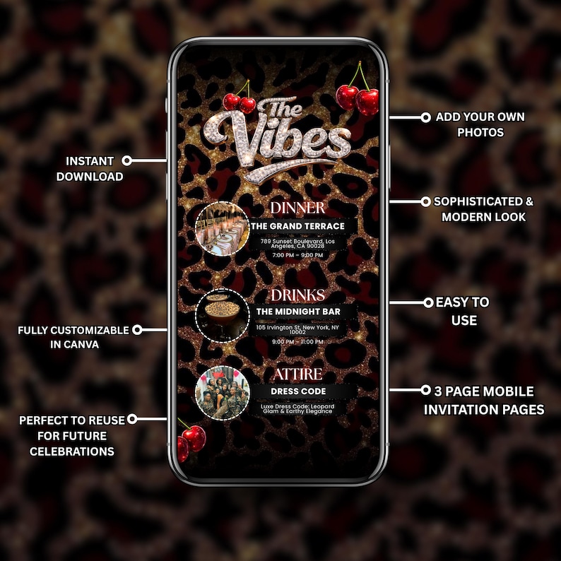 25th Cheetah Print Birthday Invitation, Animated Red Cherry Party Flyer, Vibes Leopard Print Evite, Adult Birthday Dinner, Canva Editable