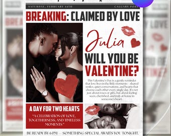 Will You Be My Valentine Newspaper Template, Valentine’s Day Printable, Flower Bouquet Wrap Template, Personalized Valentine Gift, DIY Canva