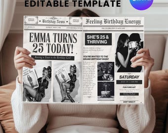 Birthday Newspaper Canva Template, Editable large Newspaper Invitation Party, Birthday Newspaper For Photography, Canva Editable