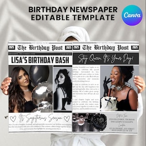 May include: A birthday newspaper template with the headline "Birthday Newspaper Editable Template" and the Canva logo. The newspaper features the text "Lisa's Birthday Bash" and "Stay Queen, It's Your Day!" with photos and event details.