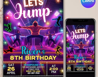 Trampoline Park Birthday Invitation, Kids and Teens Birthday Invite, Digital Jump & Flip Party Invitation, Canva Editable, Instant Download