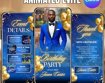 Animated Birthday Dinner Invitation, Men's Birthday Invitation, Evite for 30th 40th 50th, Men's Birthday Party Evite, Canva Editable