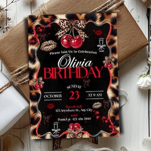 Cheetah Print Birthday Invitation, Leopard Print Birthday Invitation, Black Bow Coquette Party, Instant Download, Printable, Canva Editable