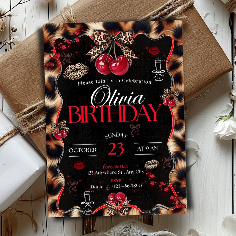 Cheetah Print Birthday Invitation, Leopard Print Birthday Invitation, Black Bow Coquette Party, Instant Download, Printable, Canva Editable