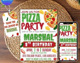 Editable Pizza Party Birthday Invitation Template, Pizza Birthday Invite, Printable Digital Birthday Party, Kids Party, Editable in Canva