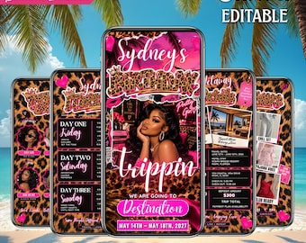 Birthday Trippin Invitation, Trip Animated Vacation Itinerary, Travel Party Planner Template, Schedule Pink Leopard Weekend Schedule Evite