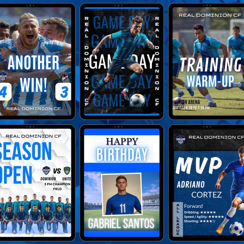 30 Soccer Social Media Templates, Game Day, Player Stats, Match Schedules & More, Boys Soccer Templates, 3 Sizes Included, Editable in Canva