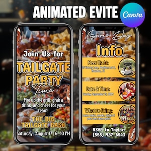 May include: Animated Evite for a tailgate party. The design features two smartphone screens with event details. One screen says "Join Us for Tailgate Party Time" and the other says "Game Day Info". Includes date, time, location, and RSVP information.