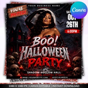Puede incluir: Un folleto de fiesta de Halloween con una persona con traje oscuro, una casa encantada, calaveras y murciélagos. El texto incluye: YOU'RE INVITED, BOO! HALLOWEEN PARTY, SHADOW HOLLOW HALL, 123 SPOOKY LANE, NIGHTFALL, ST 54321, SAT OCT 26TH 6:00PM.