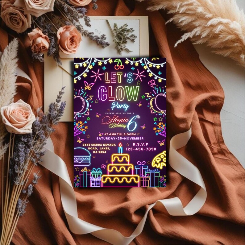 Glow Crazy Birthday Invitation, Neon Glow Party Invite, Let’s Glow Birthday Template, Kids Glow Party, Digital Printable, Canva Editable