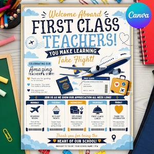 Op de afbeelding: Een kleurrijke poster met de tekst "Welcome Aboard FIRST CLASS TEACHERS!" en "You Make Learning Take Flight!". Het toont een vliegtuig, een paspoort en een koffer. De poster is een aankondiging voor de lerarenwaardering week.