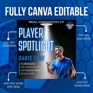 30 Soccer Social Media Templates, Game Day, Player Stats, Match Schedules & More, Boys Soccer Templates, 3 Sizes Included, Editable in Canva