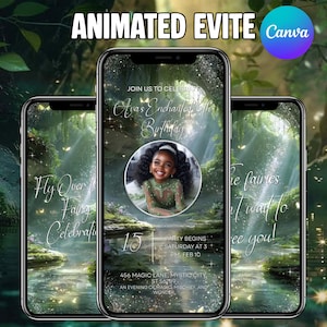 Könnte beinhalten: Animierte Evite-Design für eine 6. Geburtstagsfeier. Die Einladung zeigt ein Foto eines jungen Mädchens in einem grünen Kleid vor einer Fantasy-Waldkulisse. Der Text enthält Party-Details und den Satz "Fly Over Fairy Celebration."