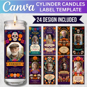 May include: A digital template for cylinder candle labels featuring 24 designs with Day of the Dead motifs, including sugar skulls, marigold flowers, and photo frames for memorial tributes. The text includes "CYLINDER CANDLES LABEL TEMPLATE".