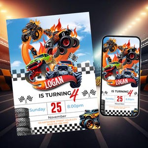 Puede incluir: Una invitación de cumpleaños y una pantalla de teléfono inteligente que muestra un diseño similar. La invitación presenta monster trucks, llamas y el texto "LOGAN IS TURNING 4". La fecha es el domingo 25 de noviembre a las 20:00.