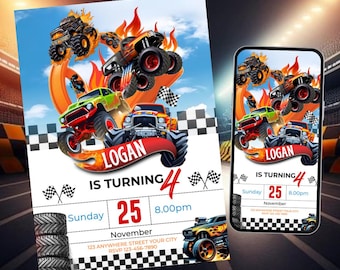 Monster Truck Birthday Invitation, Racing Birthday Invitation, Cars Birthday Invitation, Boy Birthday Party Invitation, Editable in Canva