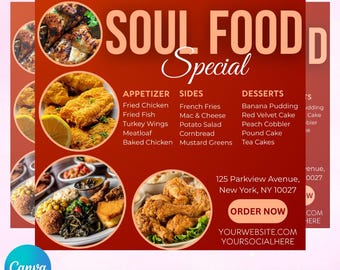 Dinner Specials Flyer, Soul Food Flyer, Marketing Canva Vorlage, Restaurant Flyer, Social Media Flyer, bearbeitbar in Canva