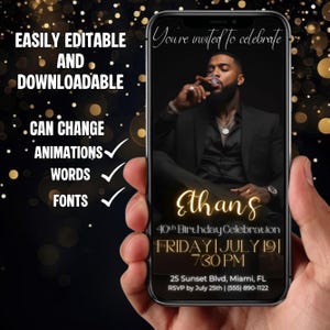 Animated Birthday Dinner Invitation, Men's Party Video Invite, Premade Gold Party Celebration, 30th 40th 50th Men's Birthday, Canva Editable