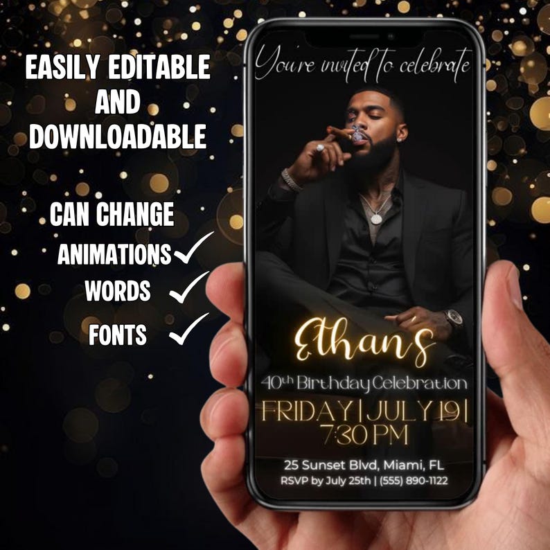 Animated Birthday Dinner Invitation, Men's Party Video Invite, Premade Gold Party Celebration, 30th 40th 50th Men's Birthday, Canva Editable