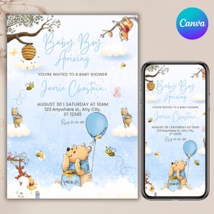 May include: A baby shower invitation with a blue and white watercolor background. The invitation features a cartoon bear holding a balloon, bees, and the text "Baby Boy Arriving". The date, time, and location are also included.