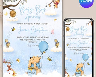 Editable Winnie the Pooh Baby Shower Invitation, Digital Invitation Oh Boy, Blue Winnie The Pooh Invitation, Canva Editable