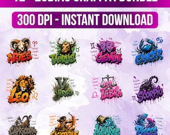 Dierenriemgraffiti PNG-bundel, graffitistijl astrologiehoroscopen shirt png, streetart sterrenbeelden clipart, stadshoroscoop png-set