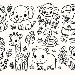 Può includere: Illustrazioni di cartoni animati in bianco e nero di vari animali della giungla, tra cui un leone, un elefante, una scimmia, un tucano, un coccodrillo, una tigre, una giraffa, un serpente, un ippopotamo e un leopardo, con foglie ed erba.