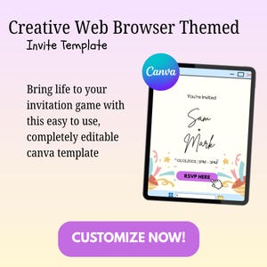 Könnte beinhalten: Digitale Einladungsvorlage im Design eines Webbrowser-Fensters. Die Einladung enthält den Text „You're Invited“ und die Namen „Sam Mark“. Das Canva-Logo ist sichtbar, zusammen mit dem Text „RSVP HERE“ und „CUSTOMIZE NOW!“