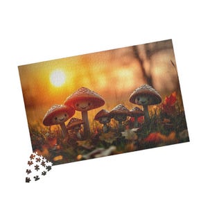 Mushroom Family Jigsaw Puzzle: Autumn Sunset Cottagecore Fun