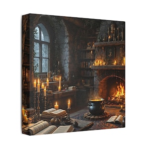 Cozy Cottage Core Satin Canvas - Witch&#39;s Hearth Wall Art-  Cottage Witch Cauldron - Halloween Decor