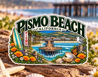May include: A die-cut sticker featuring a colorful illustration of Pismo Beach, California. The design includes a wooden pier, a surfboard, a seagull, a monarch butterfly, seashells, and orange California poppies with the text PISMO BEACH CALIFORNIA.