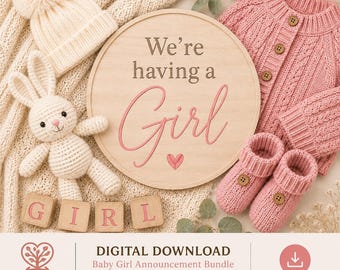 May include: A baby girl announcement featuring a wooden sign with the text "We're having a Girl", surrounded by baby clothes, a knitted bunny, and blocks spelling "GIRL". The items are in soft pink and cream colors.